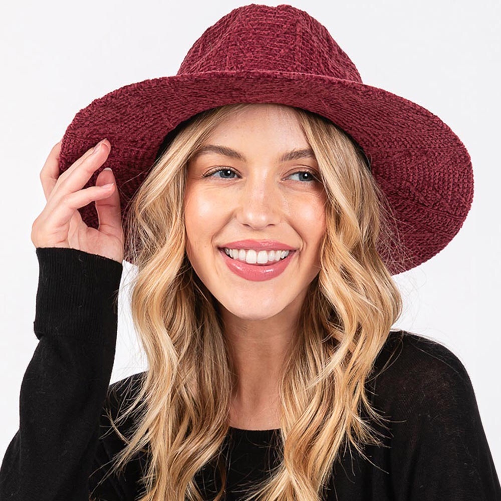 Burgundy Chenille Pattern Fedora Hat with Braided Band
